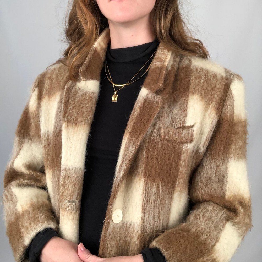 Stunning Vintage Plaid Mohair Wool Long Oversized Trench Shacket Jacket Pea Coat - Picture 6 of 10